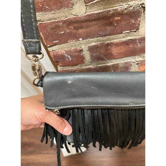 GG BOSS Boho Fringe Leather Crossbody Bag Black Grey - Picture 5 of 7
